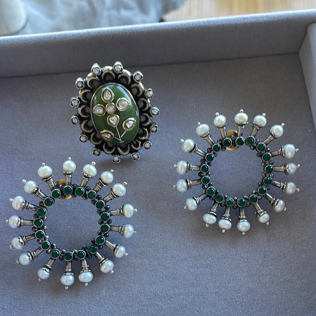 Emerald earrings and Jade stone ring