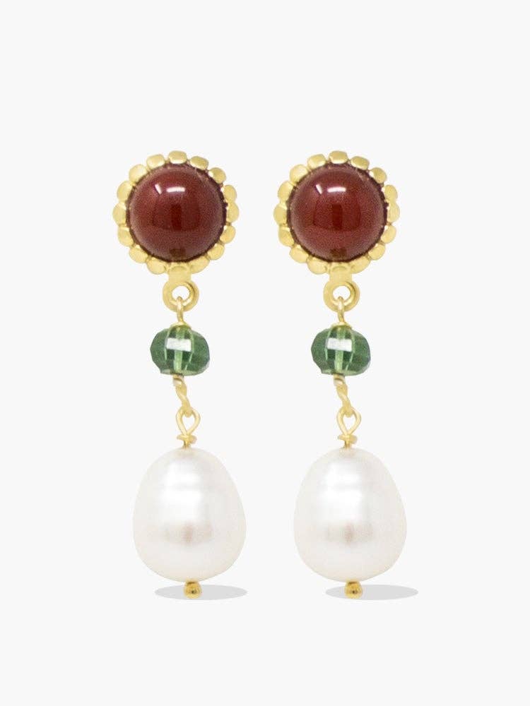 Carnelian, Green Agate & Pearl Drop Earrings