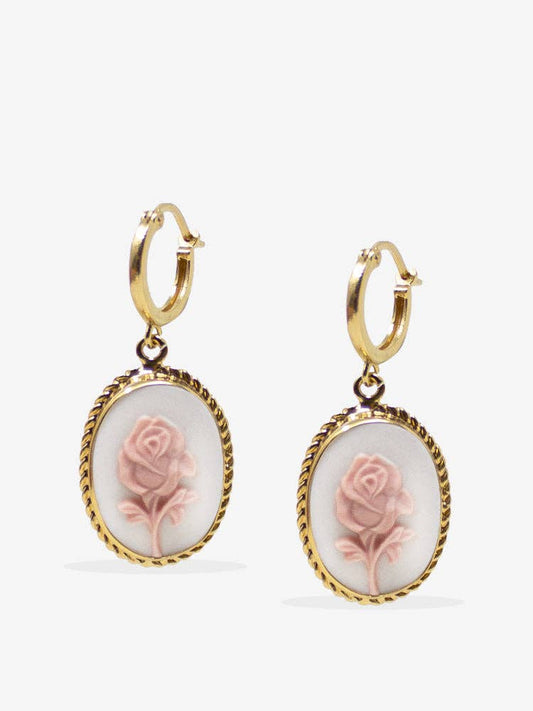 Gold-Plated White Rose Cameo Hoop Earrings